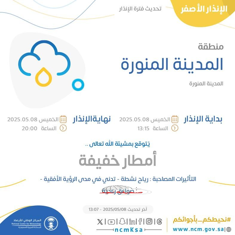 حالة الطقس اليوم في المدينة المنورة: الإنذار الأصفر في المدينة المنورة