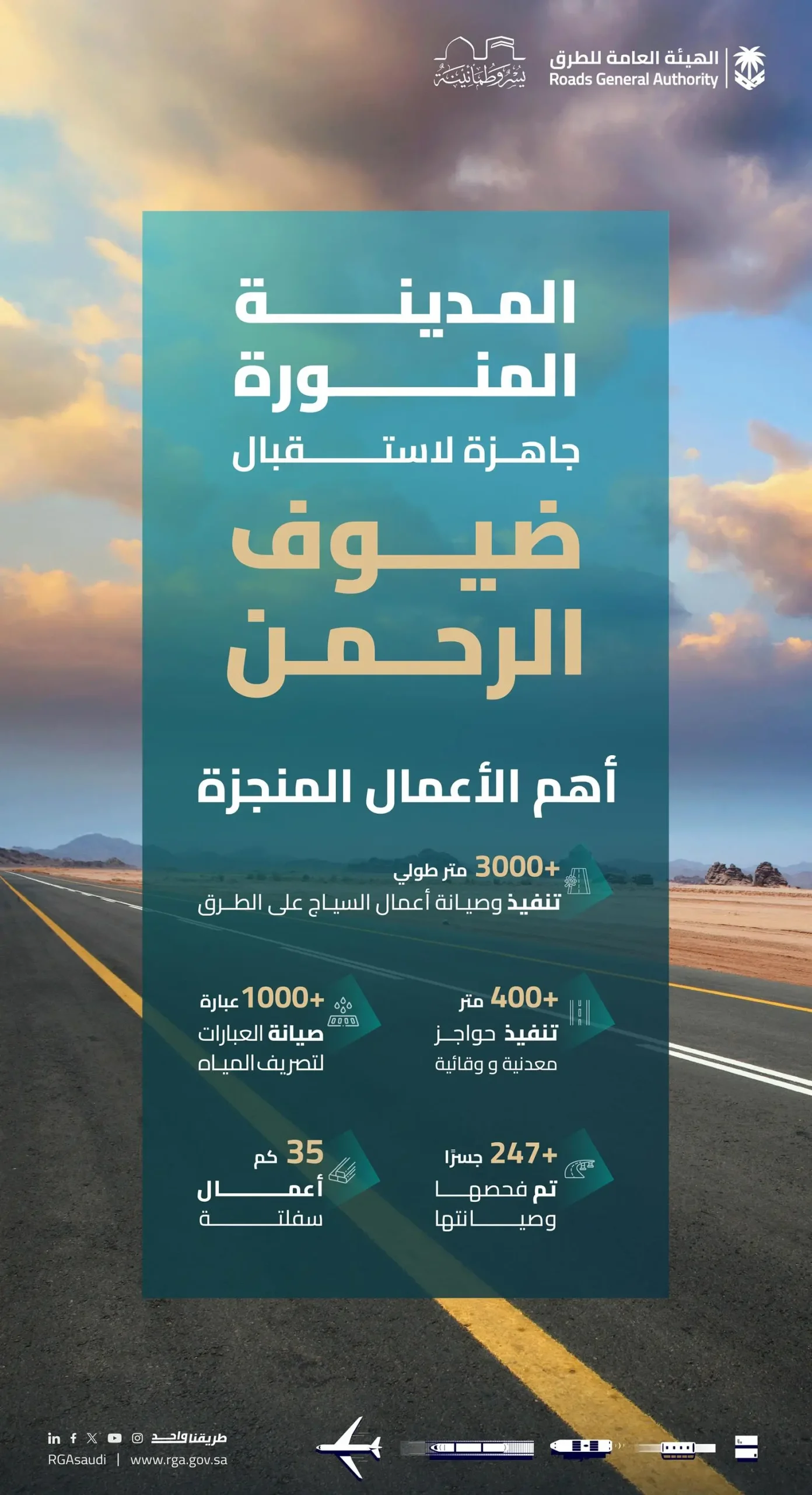 “هيئة الطرق” تعلن جاهزية شبكة الطرق بـ #المدينة_المنورة لموسم #حج_1446هـ