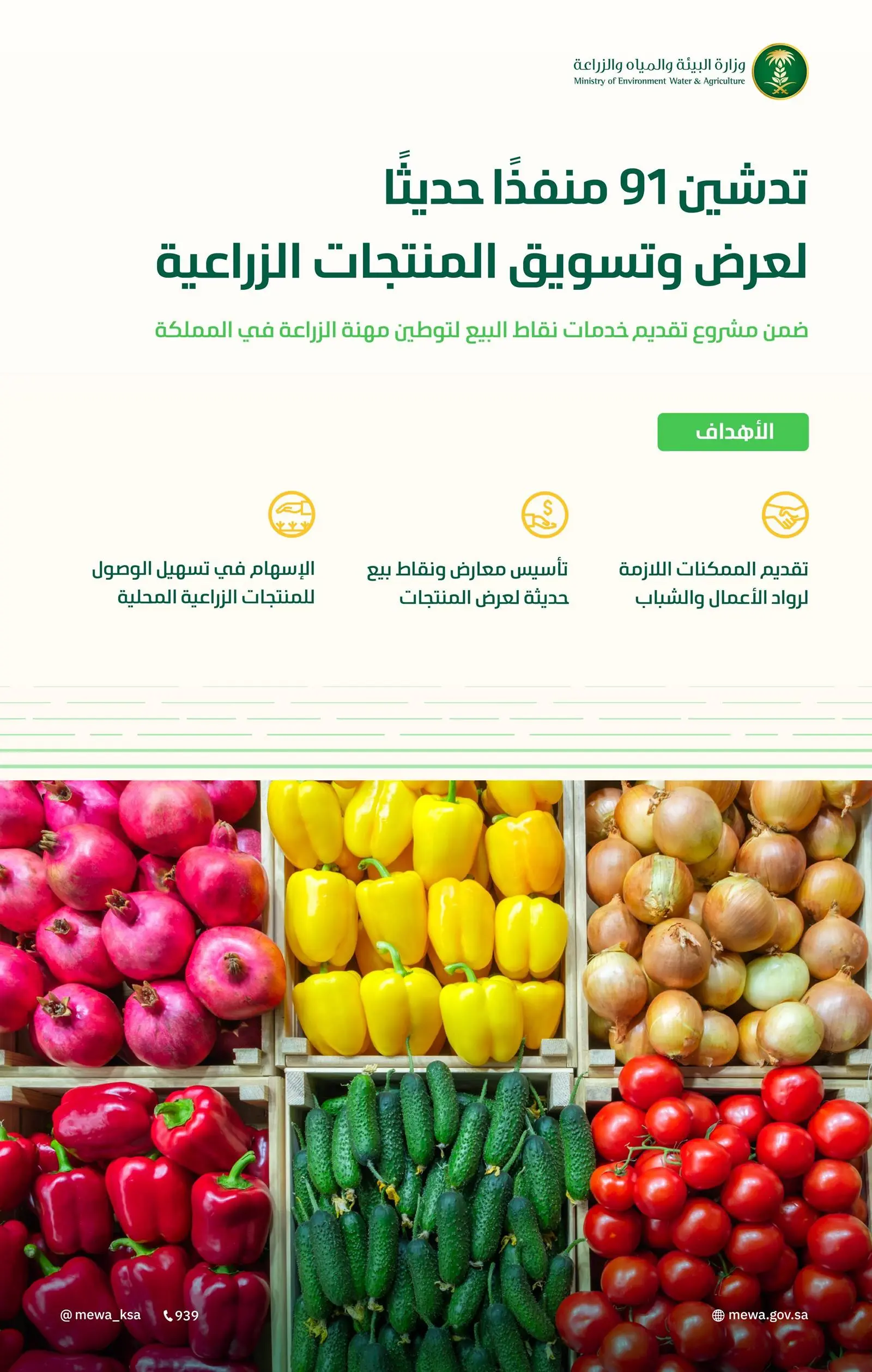تدشين 91 منفذًا حديثًا لرواد الأعمال لعرض وتسويق المنتجات الزراعية في جميع المناطق