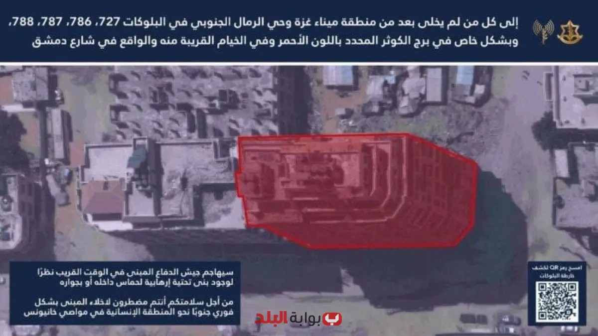 الاحتلال يصدر أمر إخلاء لبرج الكوثر والخيام المجاورة قبل قصف وشيك