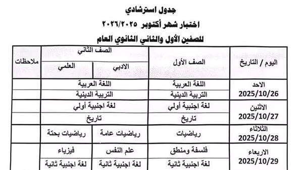 جدول امتحانات شهر أكتوبر 2025