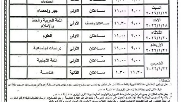 جدول امتحانات الشهادة الإعدادية الترم الأول محافظة الشرقية